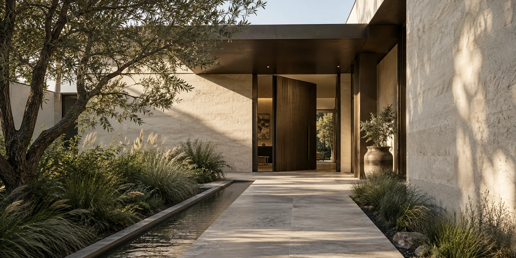 Fictional sheltered limestone arrival court with a dark oak pivot door, planted edges, and a narrow water rill
