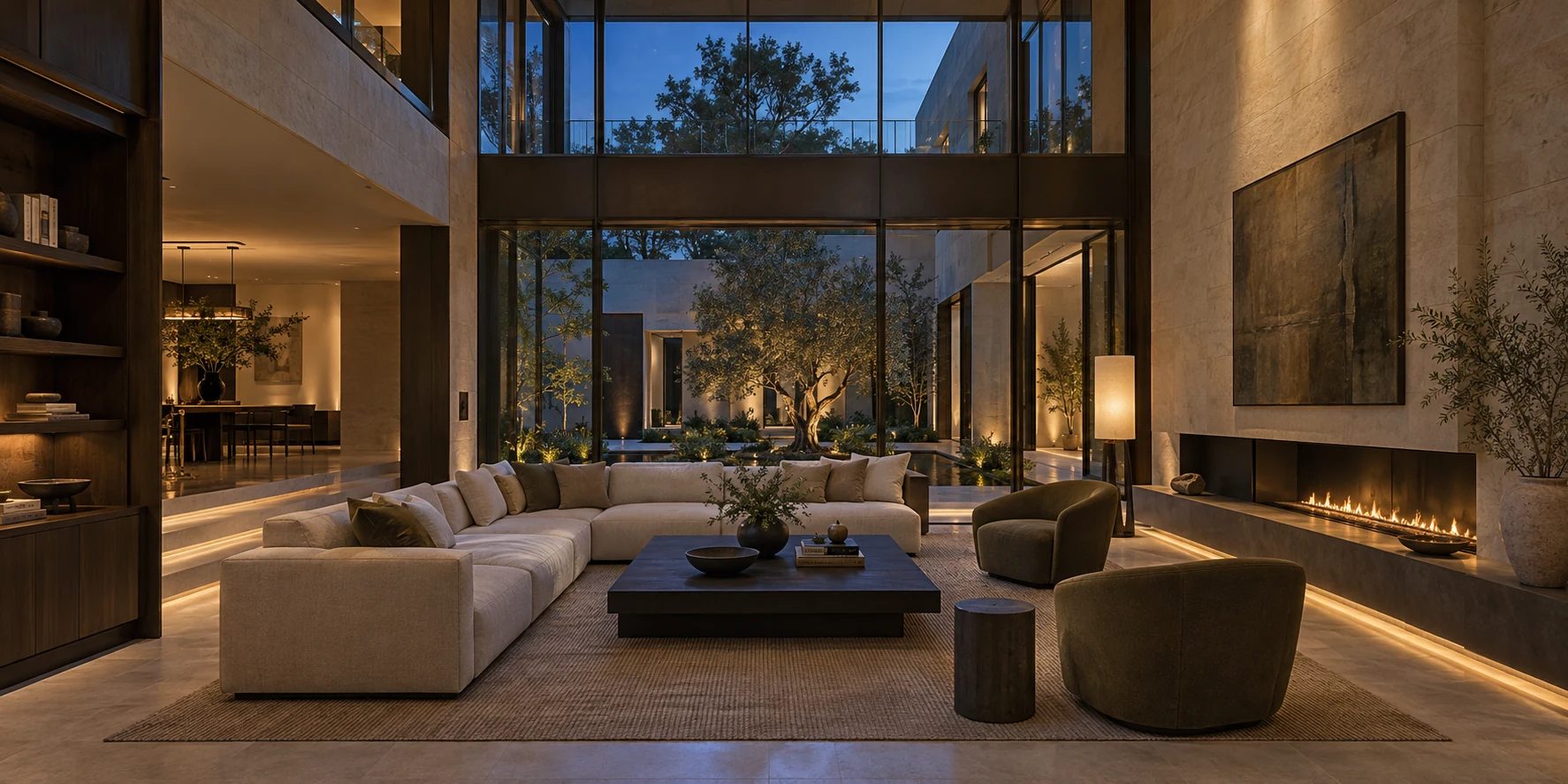 Fictional panoramic great room with limestone walls, dark oak millwork, warm lighting, fireplace, and a planted courtyard