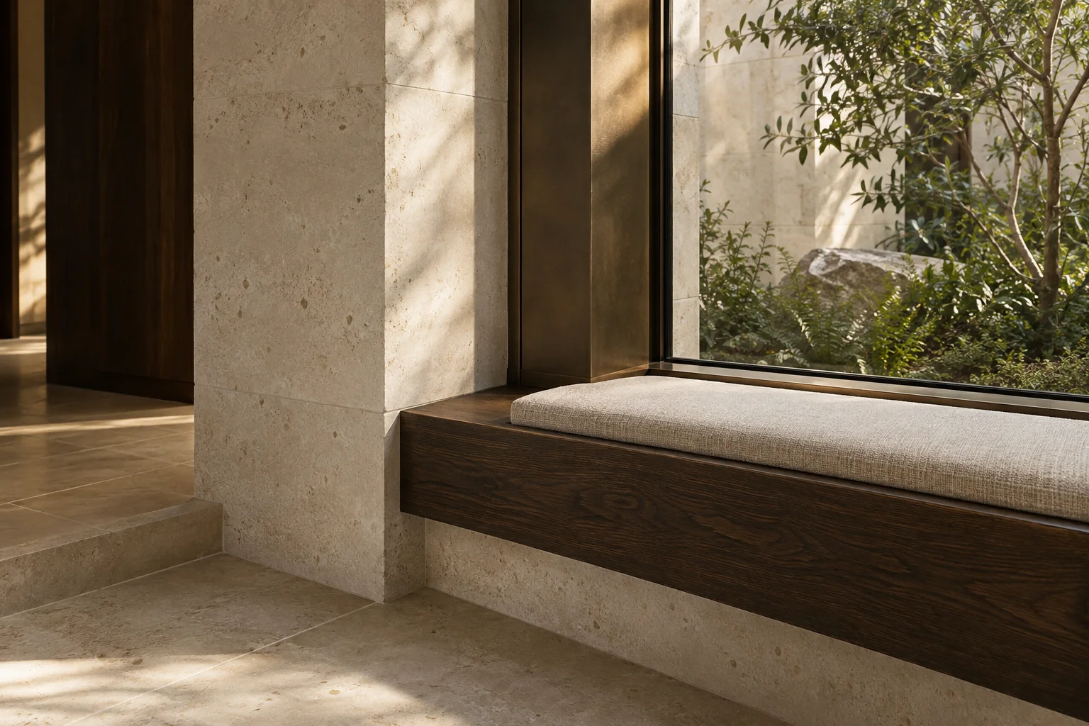 Fictional material detail where honed limestone, smoked bronze, dark oak, and an undyed linen window seat meet beside a planted court
