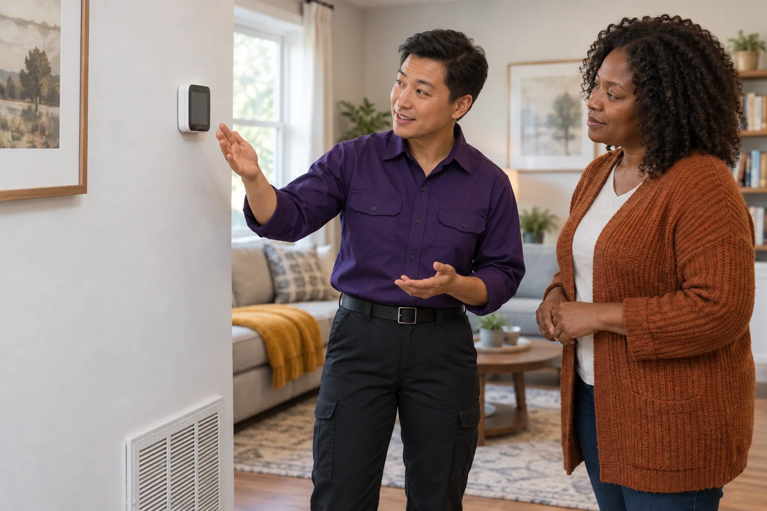 Illustrative technician discussing home comfort with a homeowner