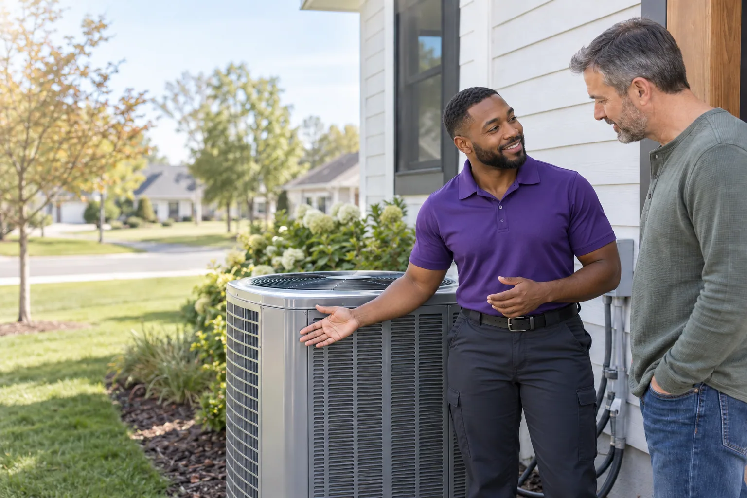 Illustrative heating and air technician discussing an outdoor unit with a homeowner