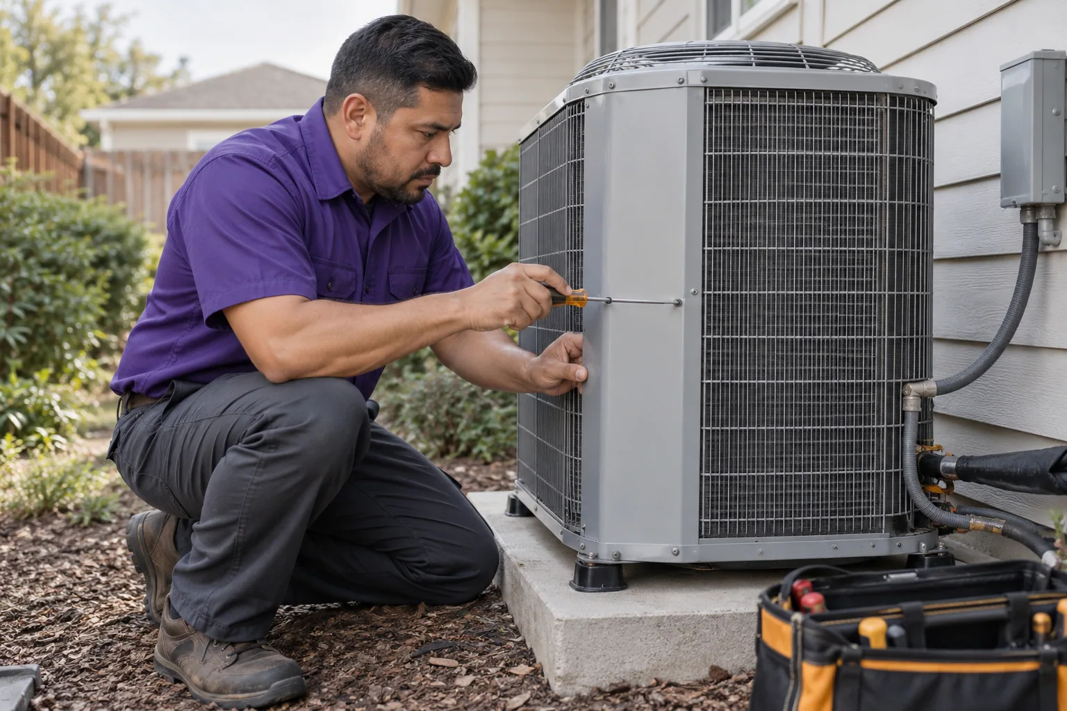 Illustrative technician examining an outdoor heating and air unit