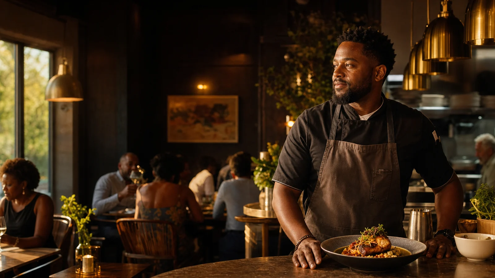 Chef presenting a dish in a warm, imagined dining room