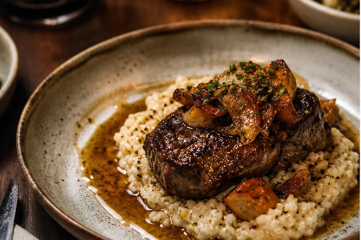 An illustrative plated entrée in warm light