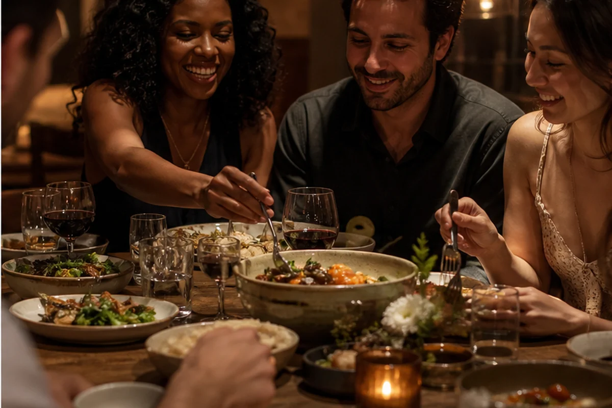 Friends sharing an imagined dinner around a generous table
