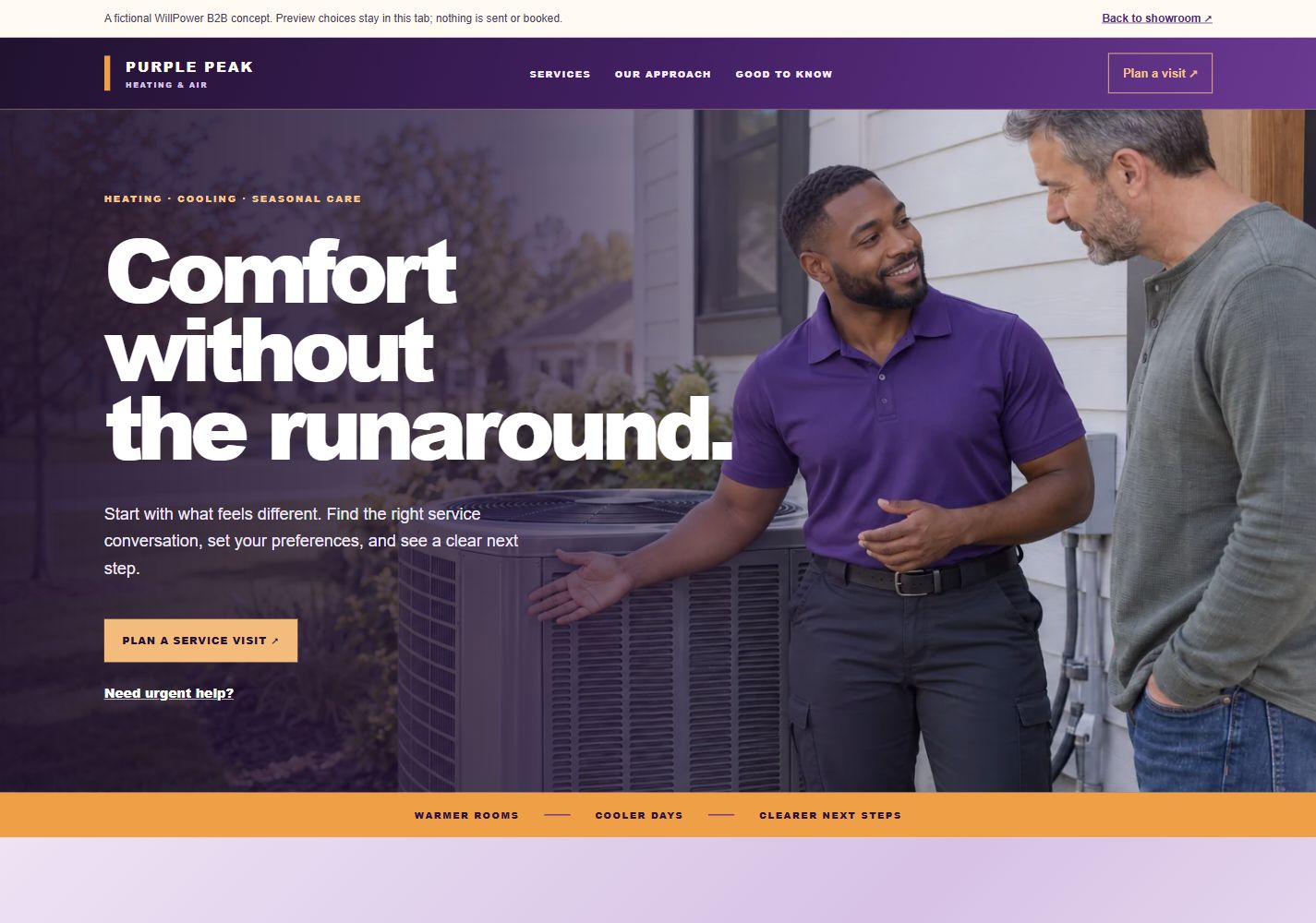 Actual Purple Peak Heating & Air fictional website design preview