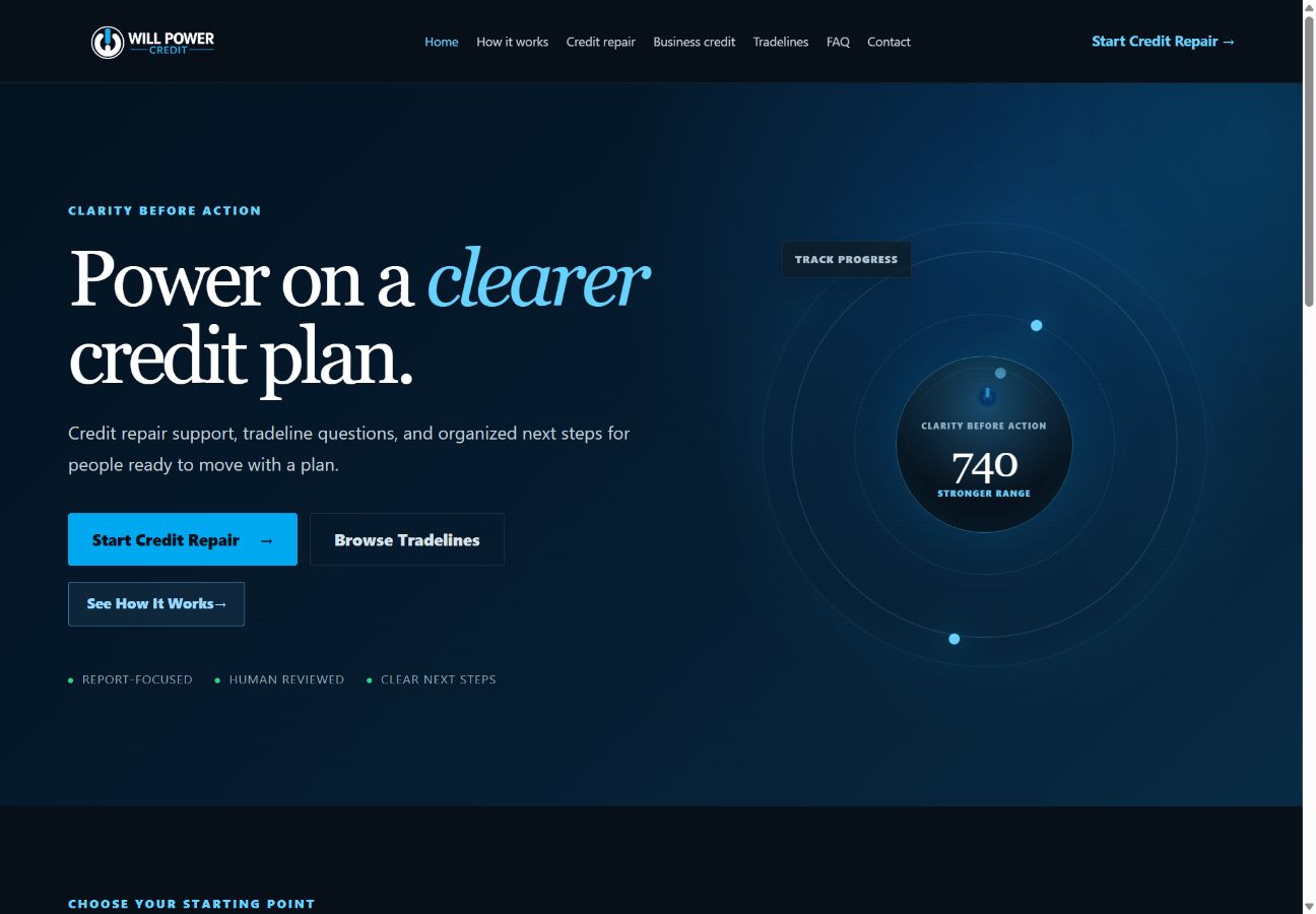 Actual WillPower Credit operating website preview; a WillPower-owned business, not an external client